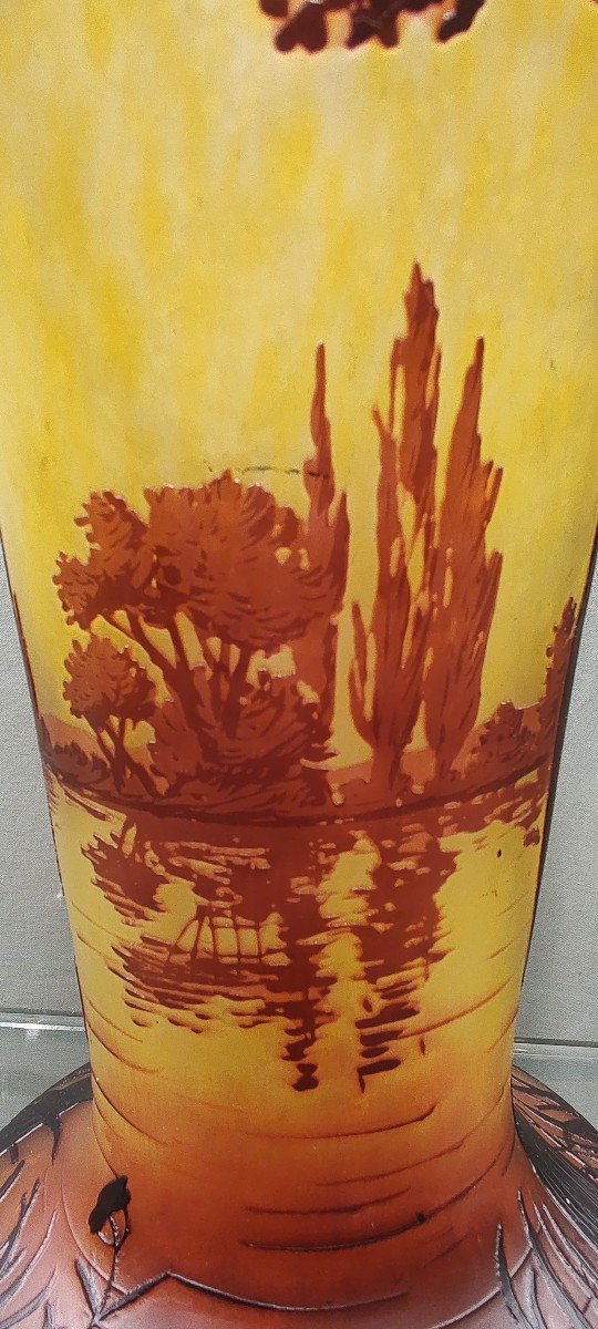 Daum Nancy Conical Shaped Vase With Rotating Decoration Of A Tree-lined Maritime Landscape.-photo-4