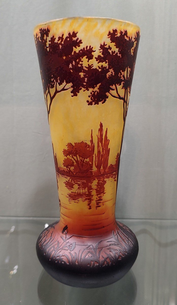 Daum Nancy Conical Shaped Vase With Rotating Decoration Of A Tree-lined Maritime Landscape.