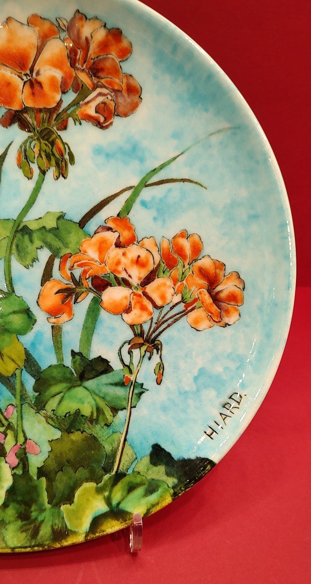 Théodore Deck (1823-1891) And Decor By Elisa Félicité Hiard - Dish With Geranium Decor.-photo-3