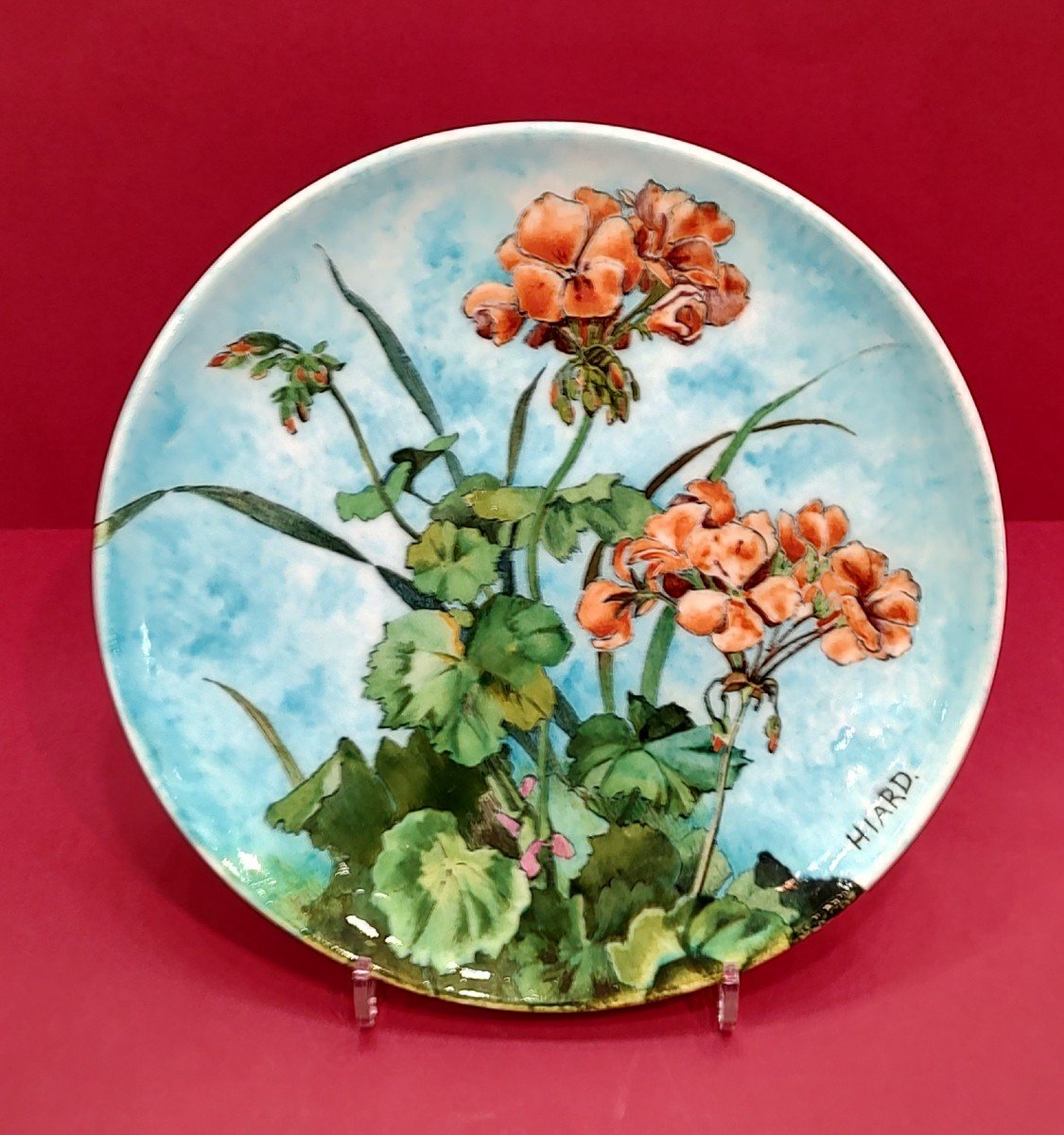 Théodore Deck (1823-1891) And Decor By Elisa Félicité Hiard - Dish With Geranium Decor.