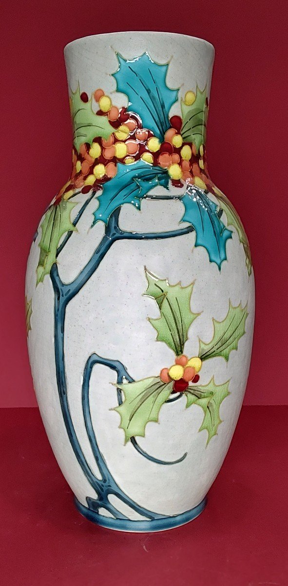 Boch Freres Keramis - Vase With Holly Leaf And Fruit Decor.-photo-3