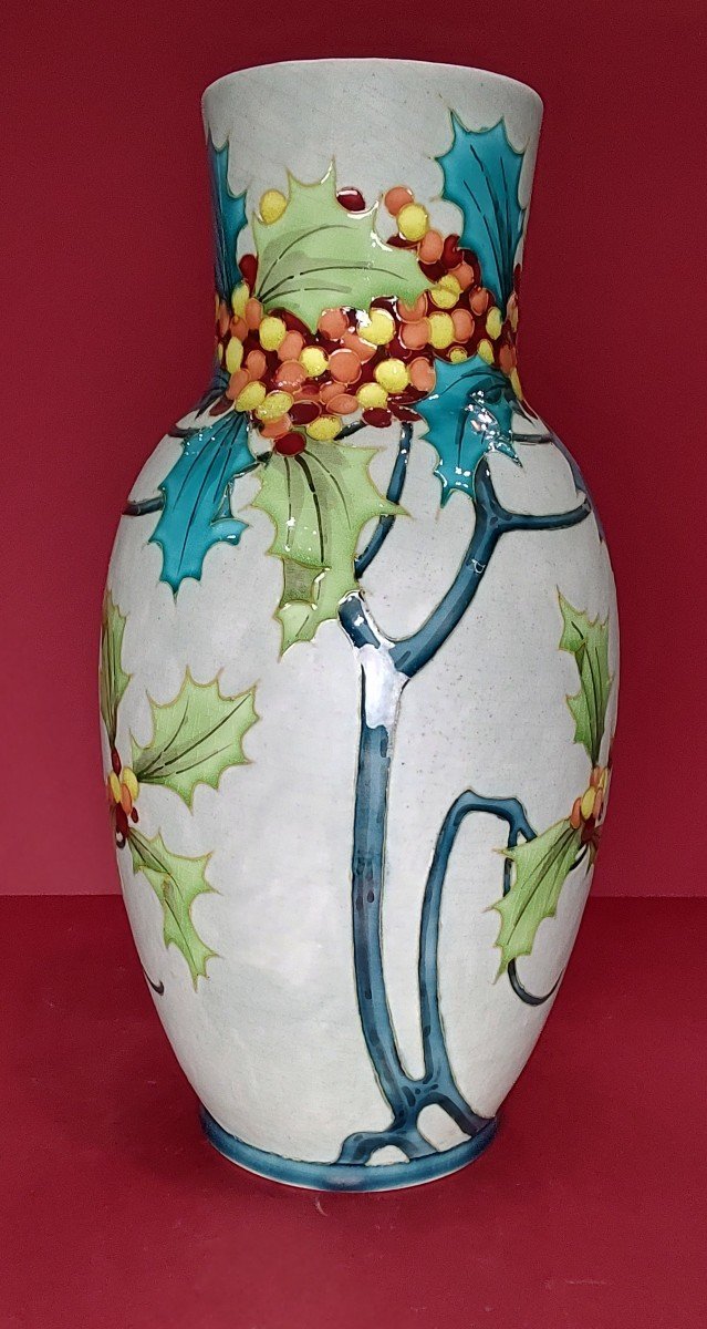 Boch Freres Keramis - Vase With Holly Leaf And Fruit Decor.-photo-1