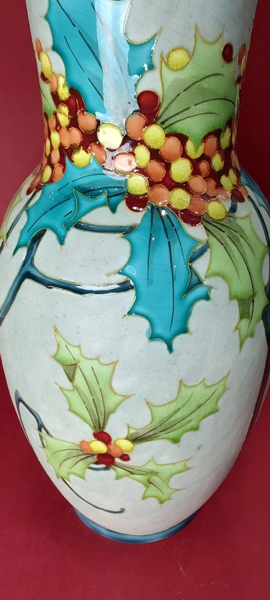 Boch Freres Keramis - Vase With Holly Leaf And Fruit Decor.-photo-2