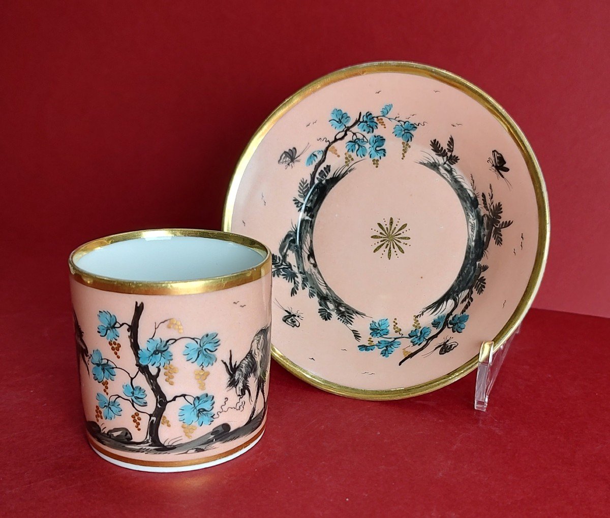 Paris - Empire Period - Cup And Saucer With Pink Background And Decorated Goats And Vines.-photo-2