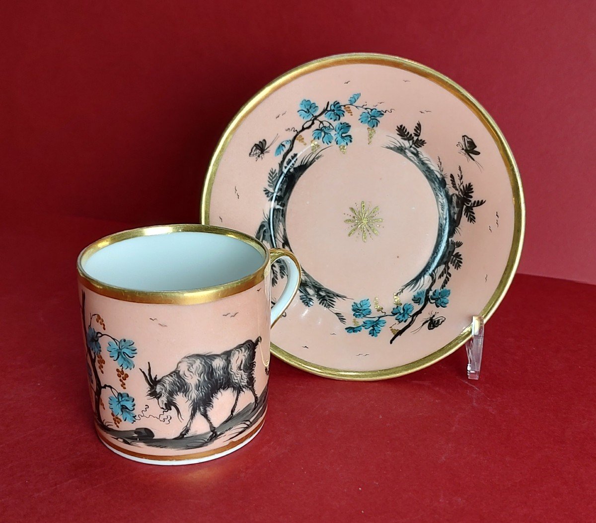 Paris - Empire Period - Cup And Saucer With Pink Background And Decorated Goats And Vines.