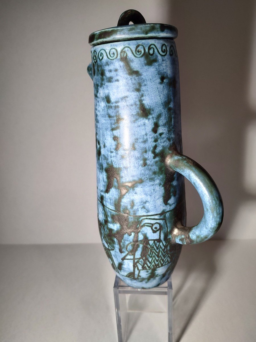 Blin Jacques (1920/1996) Covered Jug In Blue Glazed Ceramic, Decorated With Birds.-photo-2