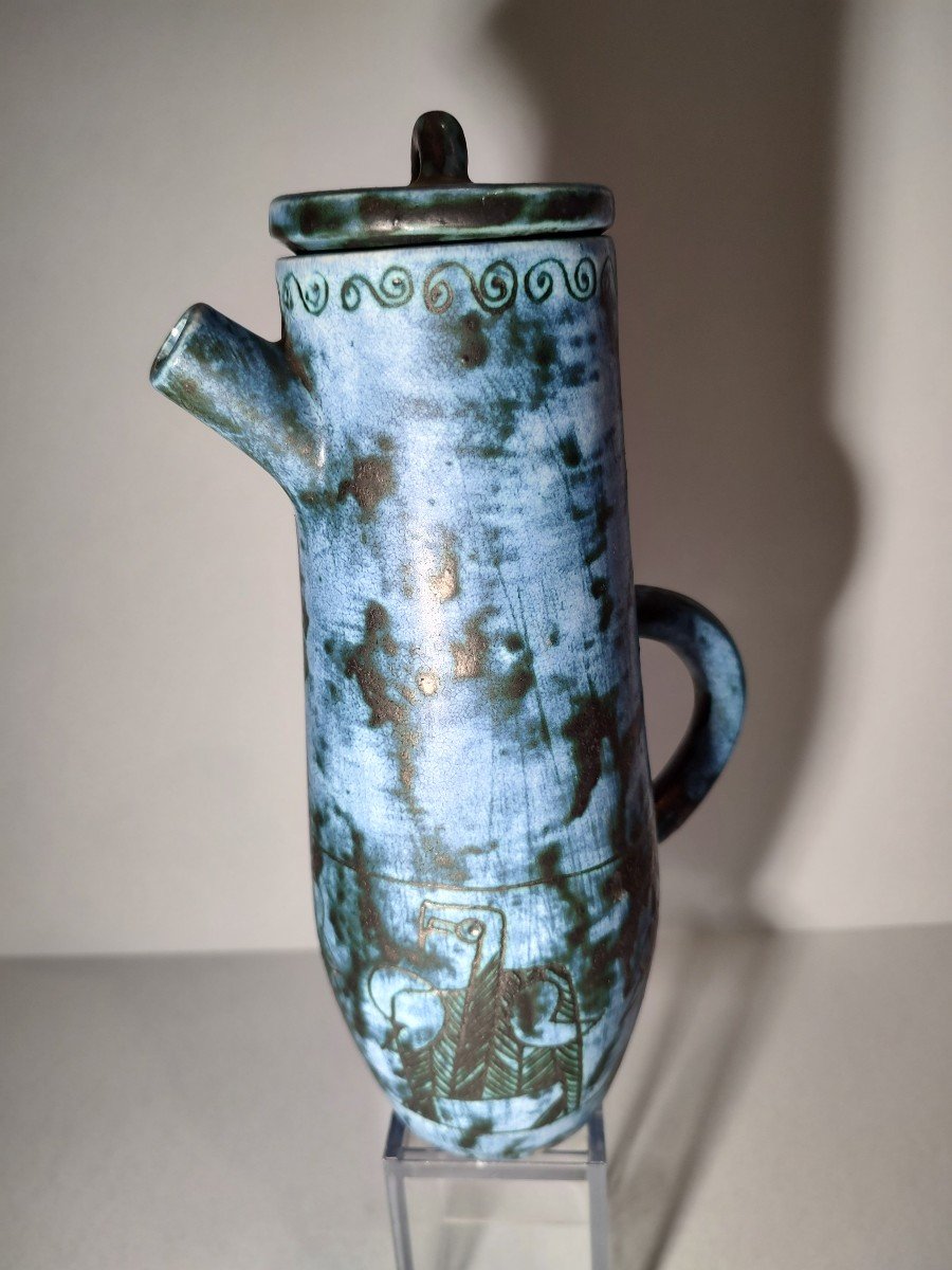 Blin Jacques (1920/1996) Covered Jug In Blue Glazed Ceramic, Decorated With Birds.-photo-4