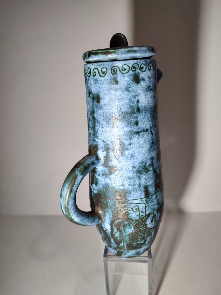 Blin Jacques (1920/1996) Covered Jug In Blue Glazed Ceramic, Decorated With Birds.-photo-1