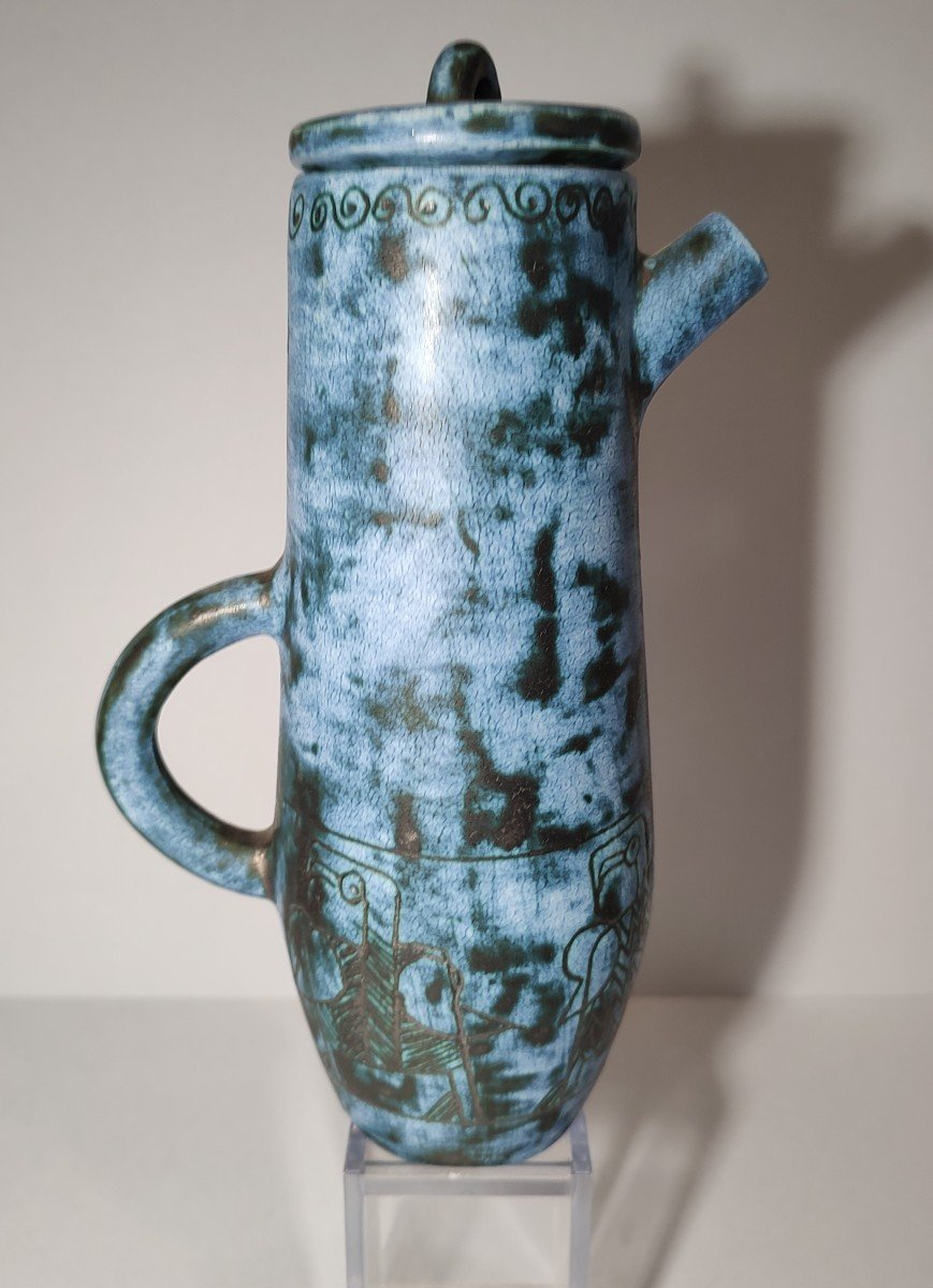 Blin Jacques (1920/1996) Covered Jug In Blue Glazed Ceramic, Decorated With Birds.