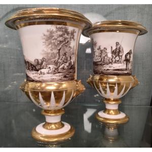 Paris - Early 19th Century - Pair Of Vases Decorated In Sepia Camaieu Of Rural Scenes.