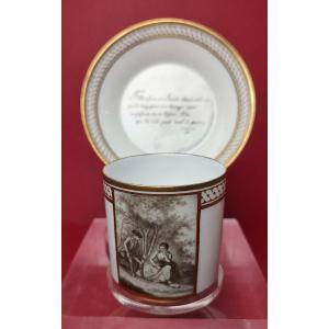 Paris - 18th Century - Cup And Saucer Decorated With A Couple And A Text By Laurence Sterne