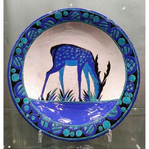 Catteau Charles - Boch Frères - Round Dish Decorated With A Doe Grazing On Grass.