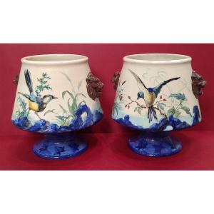 Sèvres - 19th Century - Charles Ficquenet - Pair Of Flower Vases With Naturalist Bird Decor.