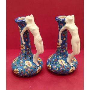 Boch Frères La Louviere - Pair Of Vases With Handles Formed By A Young Woman's Body