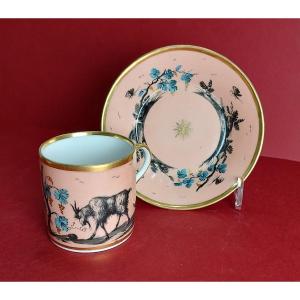 Paris - Empire Period - Cup And Saucer With Pink Background And Decorated Goats And Vines.