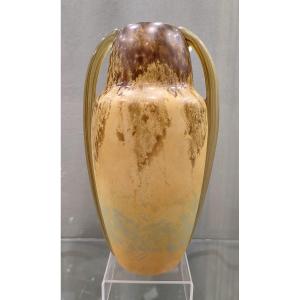 Daum Nancy - Between 1904 And 1914 - Vase With Marble Decoration With Two Hot-glued Handles.