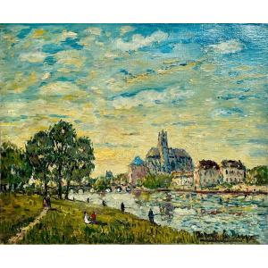 Robert LE BERGER (1905-1972), Moret-sur-Loing, le pont et l’église, 1969