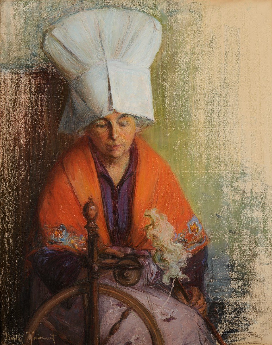 Berthe Hainaut (c.1883-1976) Woman From The Island Of Oléron At Her Spinning Wheel-photo-2