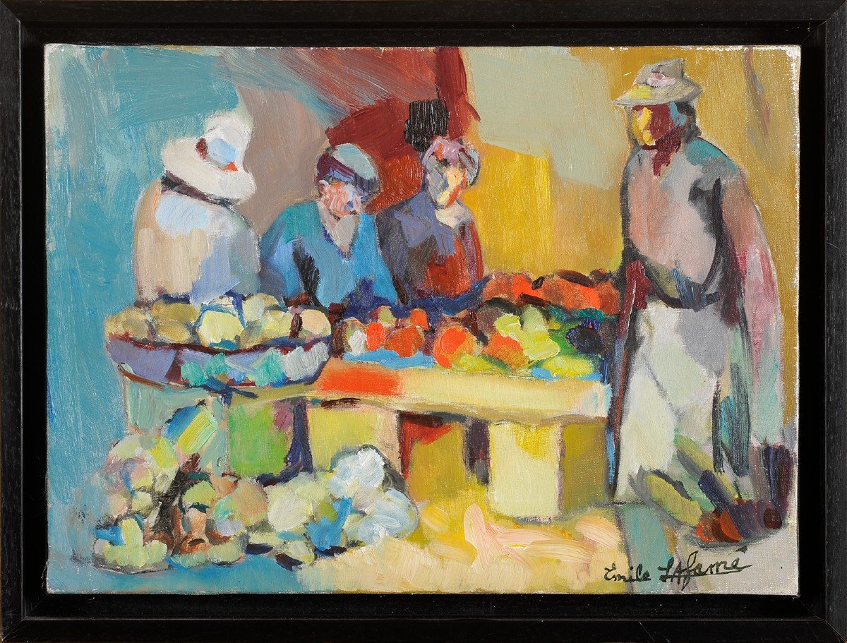 Emile Lafamé (1934-2017) Market In Bourg Du Bost Ribérac Dordogne Lapicque