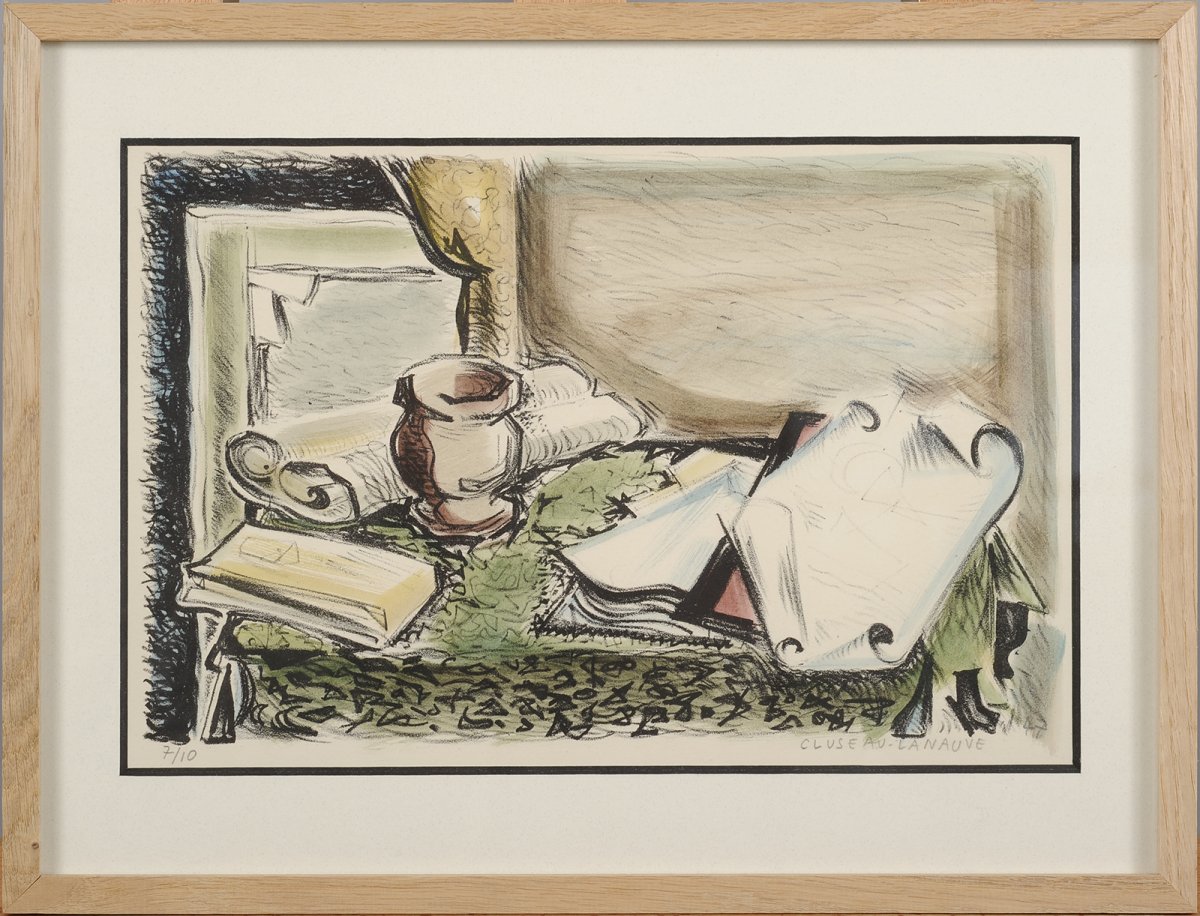 Jean Cluseau-lanauve (1914-1997) Still Life With Parchments Lithograph Périgord-photo-2