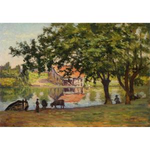 Jean-georges Pasquet (1851-1936) The Ferry At Campniac - Périgueux Dordogne
