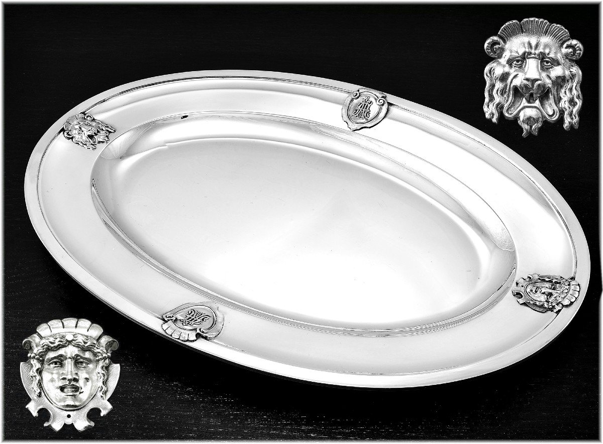 J. Piault : Rare Oval Renaissance Style Sterling Silver Platter / Tray  Mascaron Lion 1324 Grams
