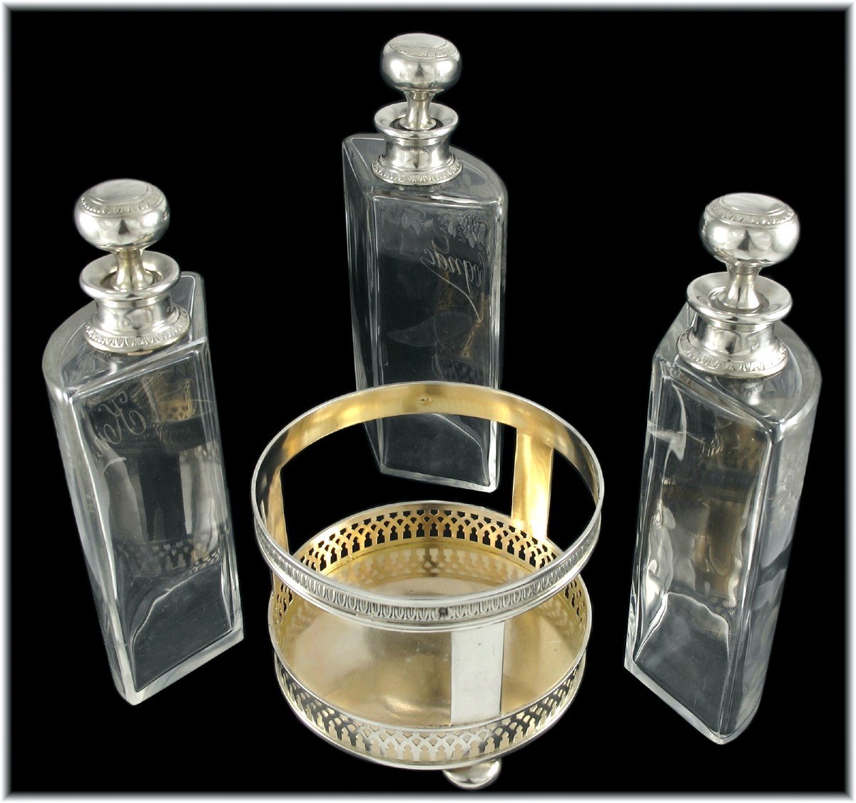 Jules Marie : Antique Louis XVI Style Liqueur / Alcohol Caddy In Sterling Silver, Vermeil & Crystal-photo-2