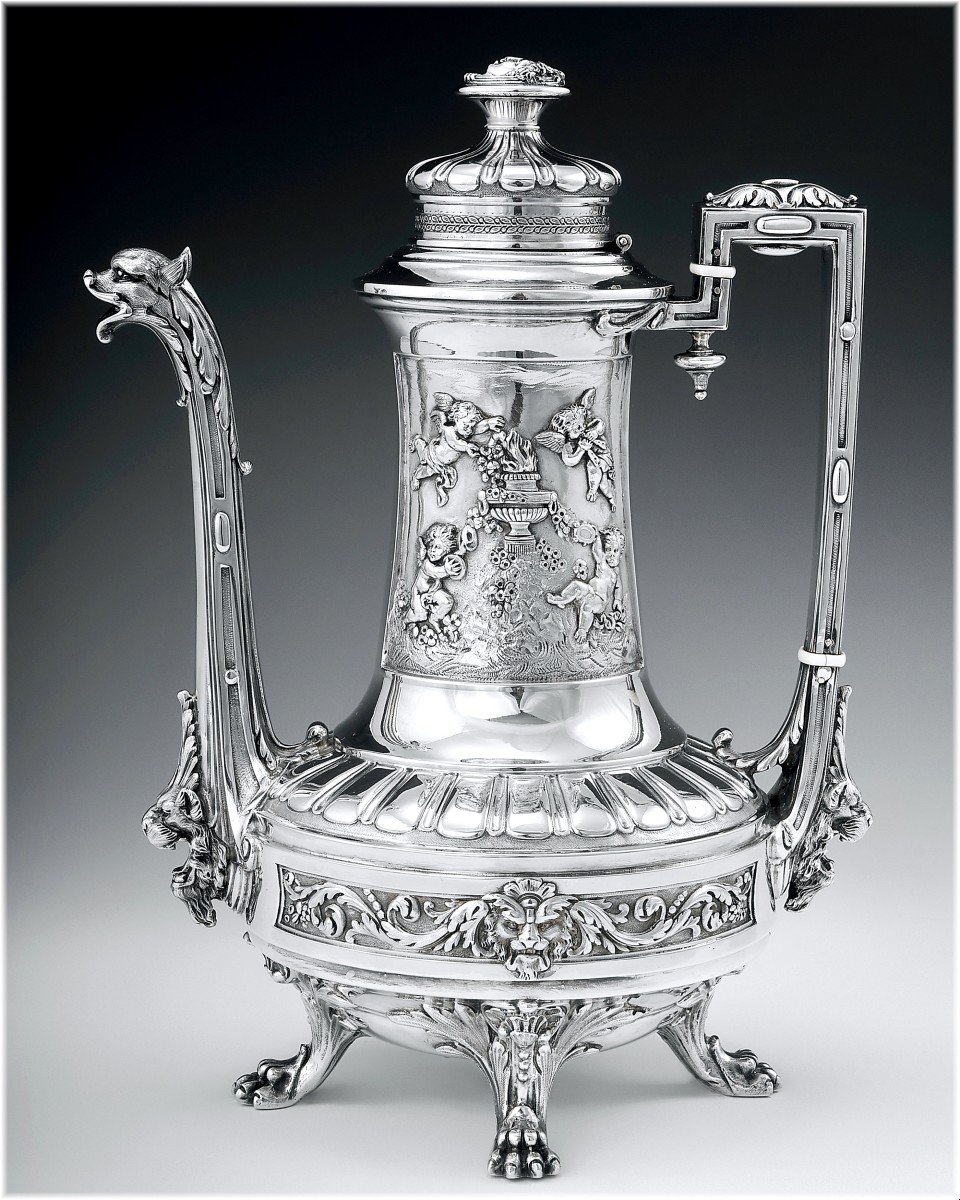 Edmond TETARD : Cafetière en Argent Massif Minerve - Putti Lions XIXème +1388 grammes-photo-1