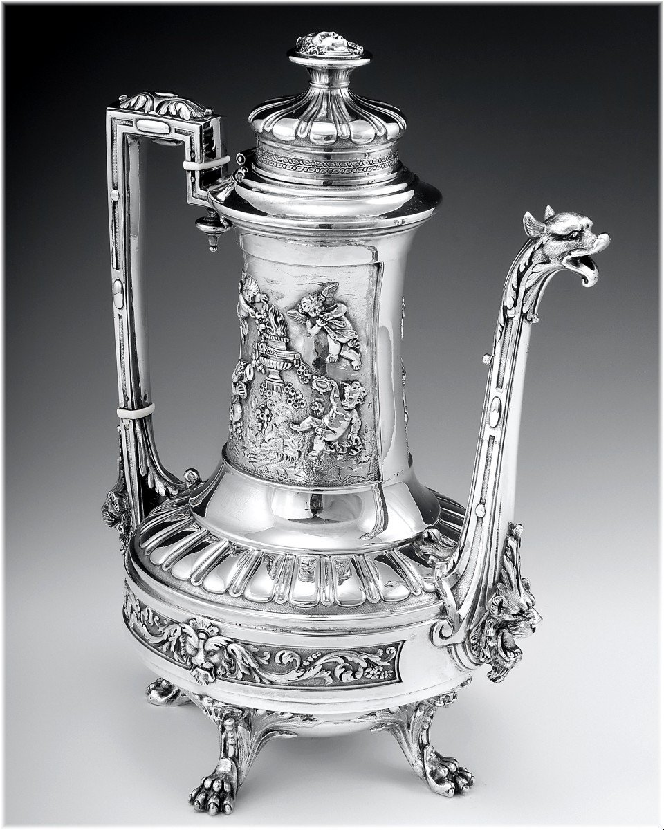 Edmond TETARD : Cafetière en Argent Massif Minerve - Putti Lions XIXème +1388 grammes-photo-3