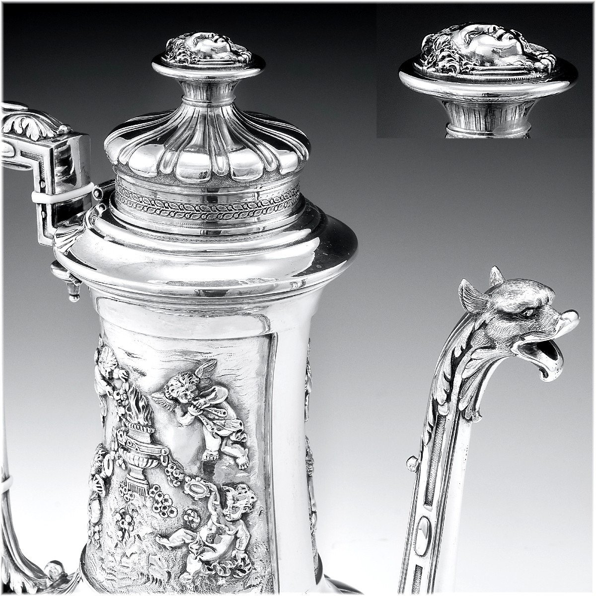 Edmond TETARD : Cafetière en Argent Massif Minerve - Putti Lions XIXème +1388 grammes-photo-7