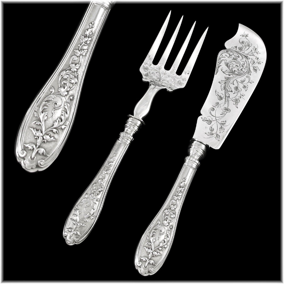 Henin & Cie: Antique Pair Of French Sterling Silver Fish Servers - Renaissance Style With Mascarons-photo-3