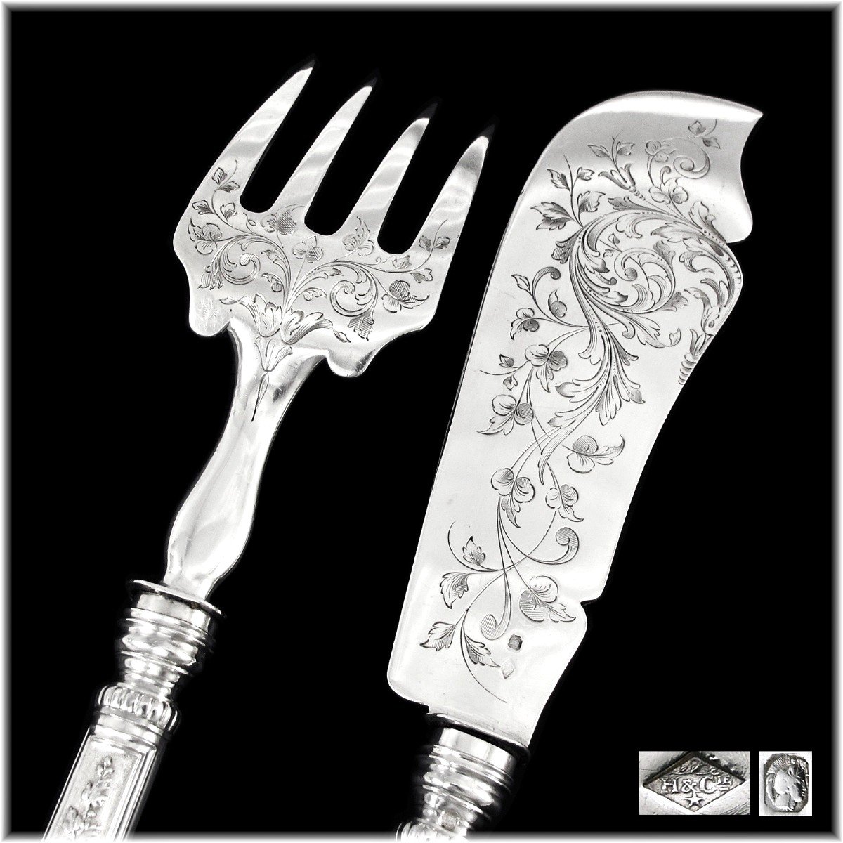 Henin & Cie: Antique Pair Of French Sterling Silver Fish Servers - Renaissance Style With Mascarons-photo-4