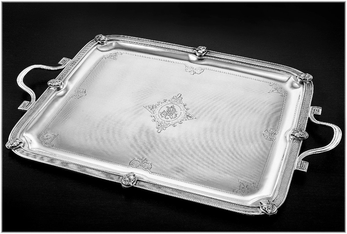 Grande Plateau Argent Massif Guilloché époque Napoleon III - Bustes à l'Antique - +3 kilos-photo-4