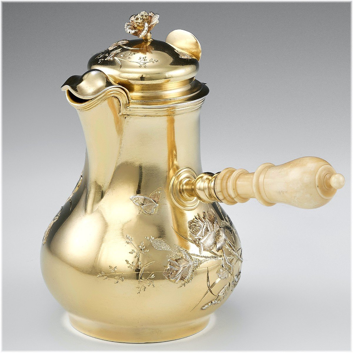 Odiot : Antique Vermeil Sterling Silver Coffee Pot - Ivory Handle - Japonisme Decor C.1900-photo-1