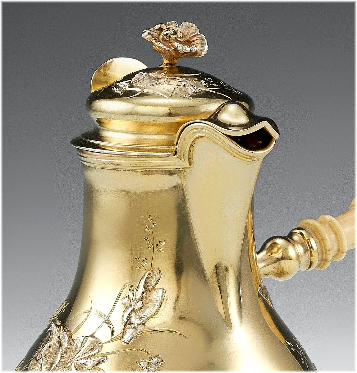 Odiot : Antique Vermeil Sterling Silver Coffee Pot - Ivory Handle - Japonisme Decor C.1900-photo-6