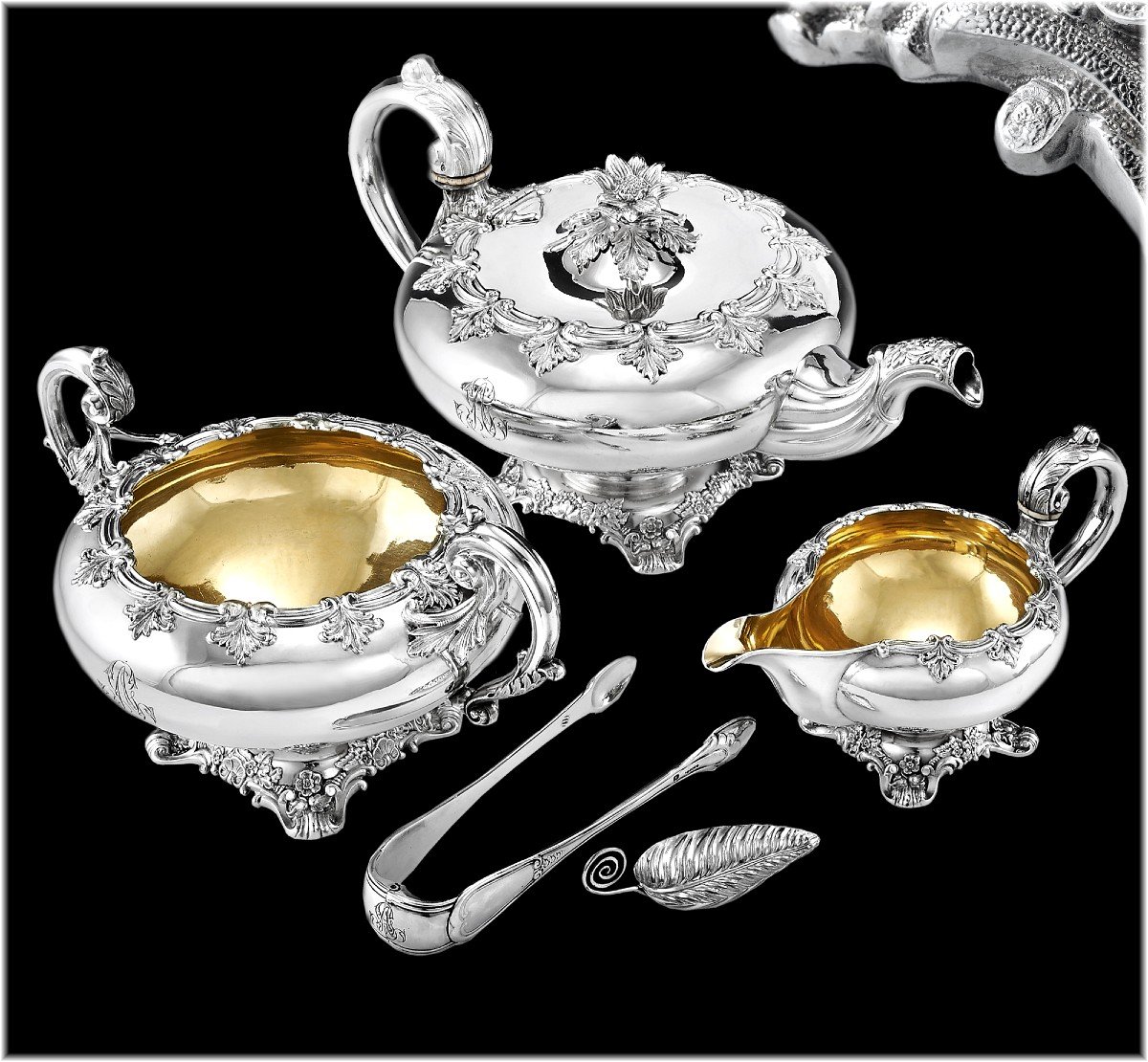 Charles Nicolas Odiot : Antique Louis-philippe Era Sterling Silver & Vermeil Tea Set - Original Chest-photo-3