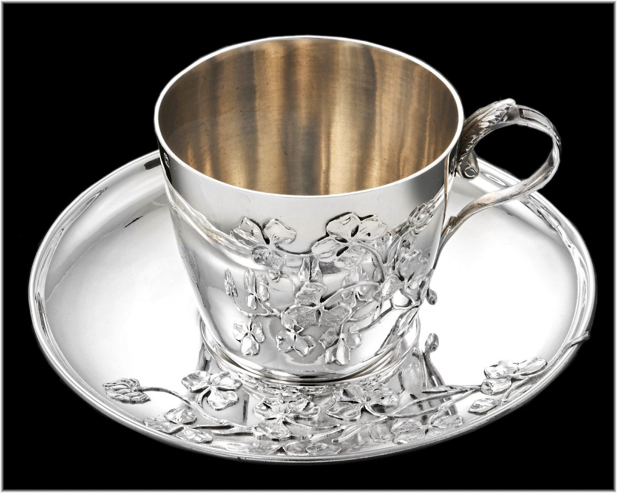 Armand Gross: Pair Of Sterling Silver Art Nouveau  Cups & Saucers C.1900 - Clover Pattern-photo-3