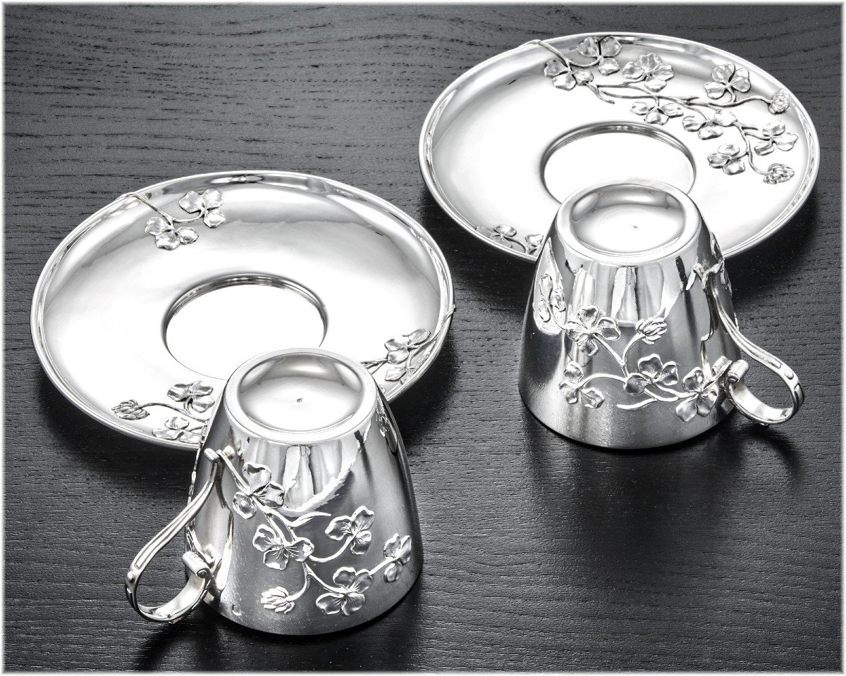 Armand Gross: Pair Of Sterling Silver Art Nouveau  Cups & Saucers C.1900 - Clover Pattern-photo-1