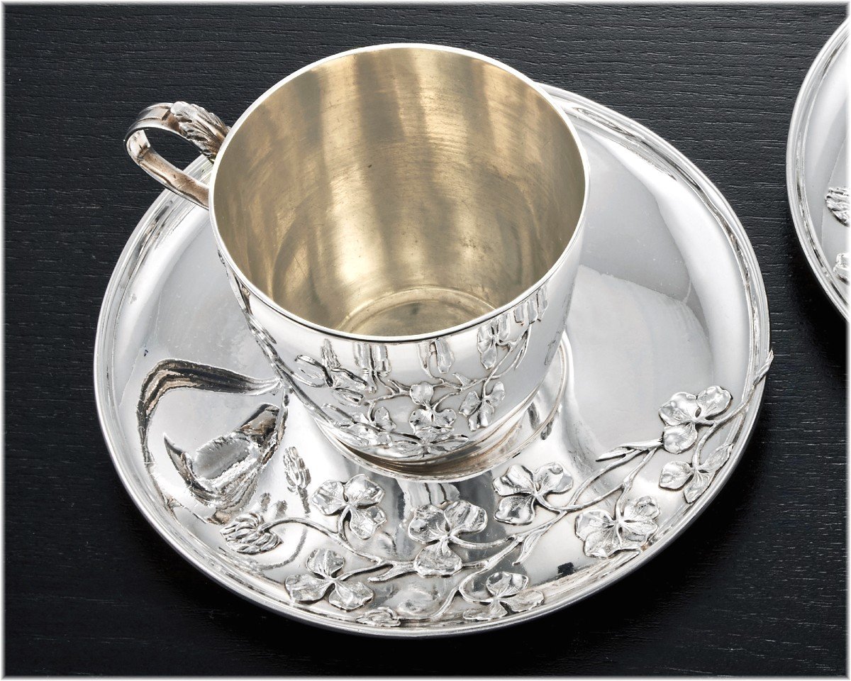 Armand Gross: Pair Of Sterling Silver Art Nouveau  Cups & Saucers C.1900 - Clover Pattern-photo-2