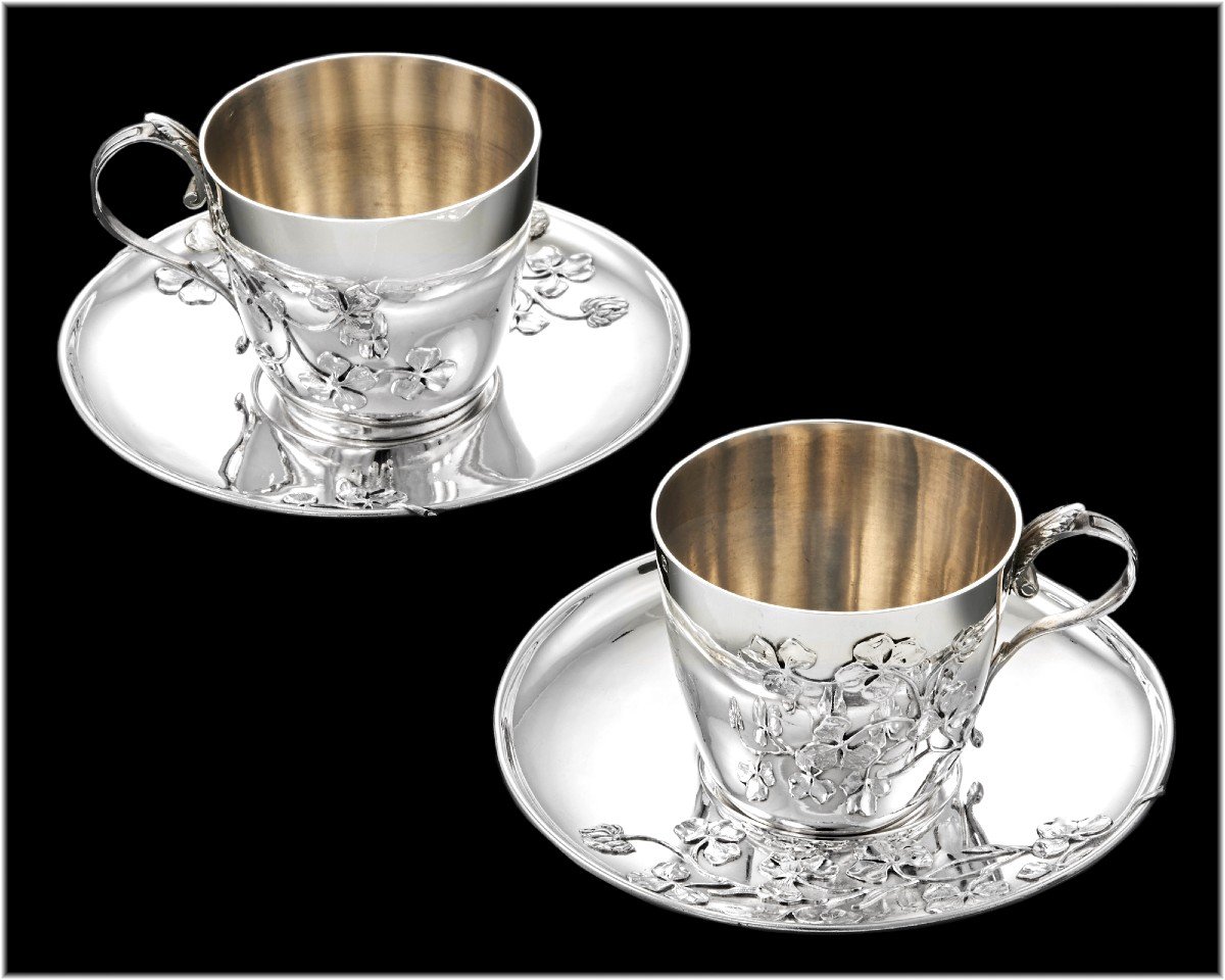 Armand Gross: Pair Of Sterling Silver Art Nouveau  Cups & Saucers C.1900 - Clover Pattern-photo-3