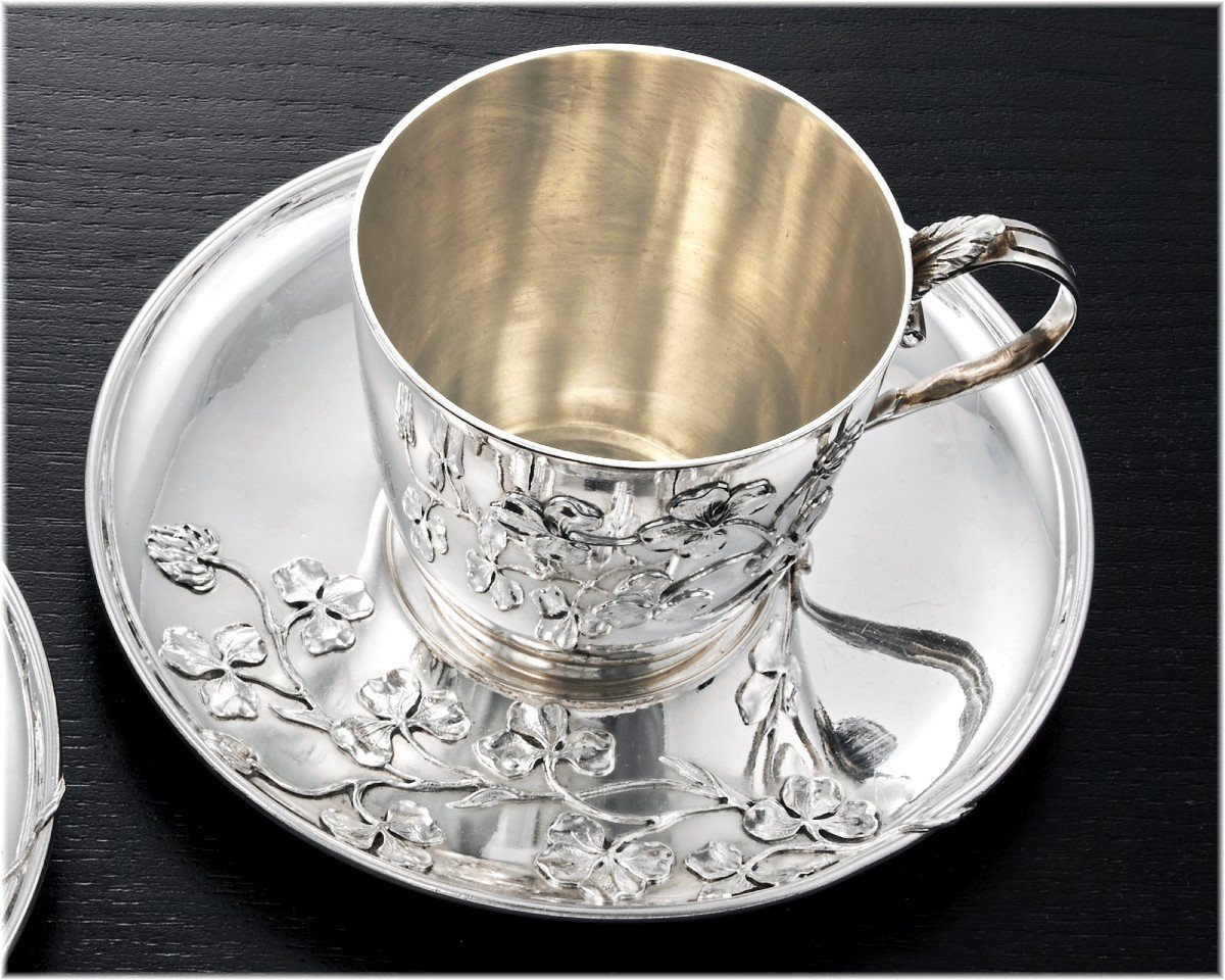 Armand Gross: Pair Of Sterling Silver Art Nouveau  Cups & Saucers C.1900 - Clover Pattern-photo-5