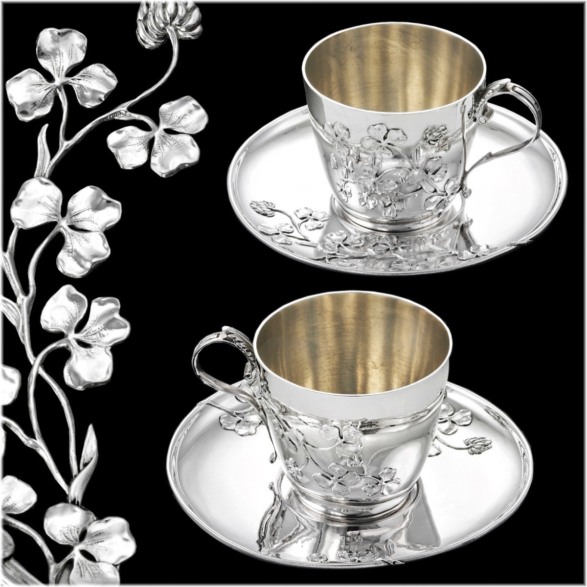 Armand Gross: Pair Of Sterling Silver Art Nouveau  Cups & Saucers C.1900 - Clover Pattern