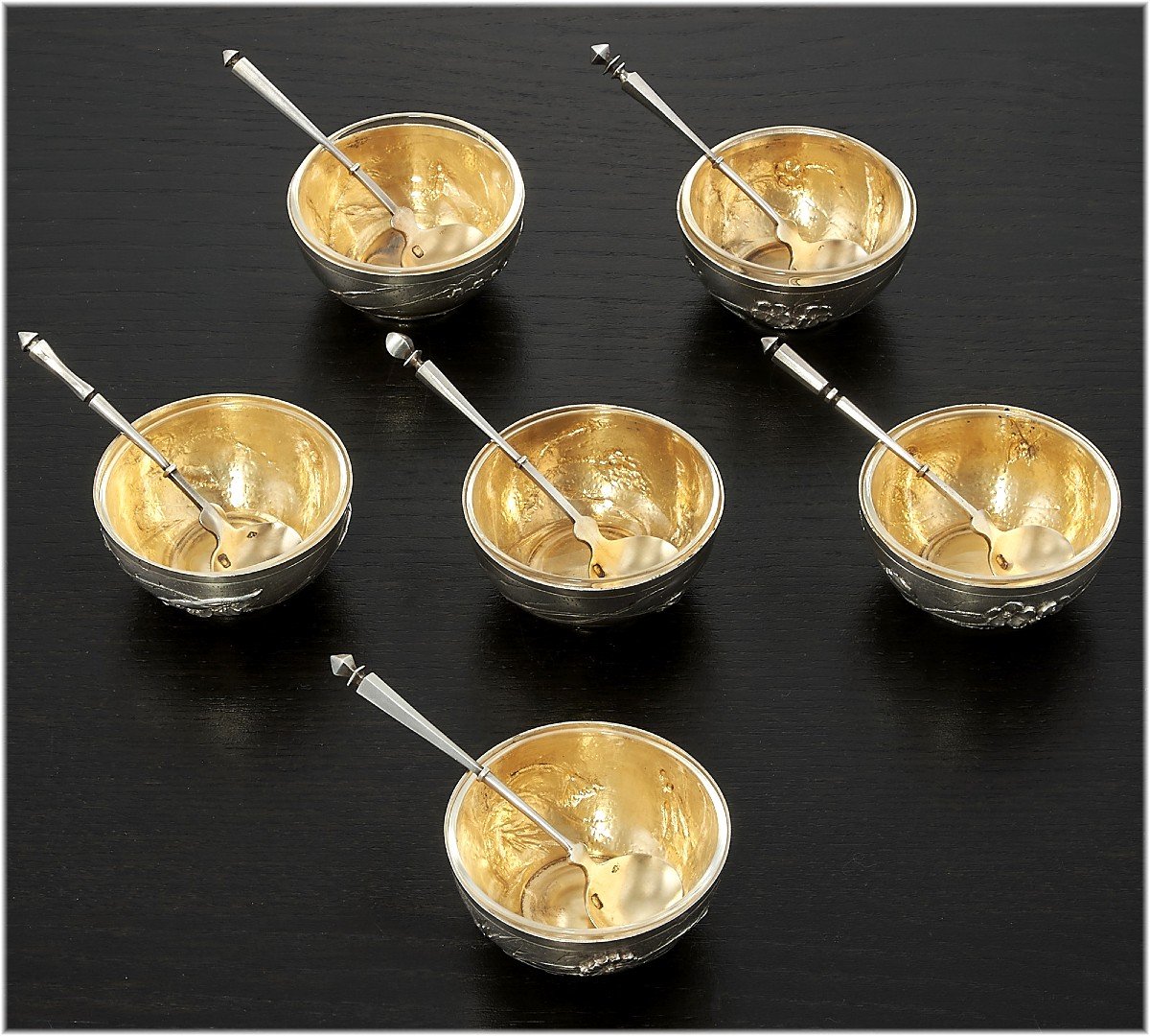 Alphonse Debain:  Set Of 6 Sterling Silver & Vermeil Salt Cellars Art Nouveau Period Decor Japonisme -photo-3