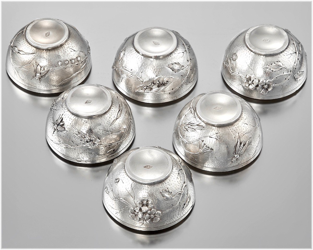 Alphonse Debain:  Set Of 6 Sterling Silver & Vermeil Salt Cellars Art Nouveau Period Decor Japonisme -photo-2