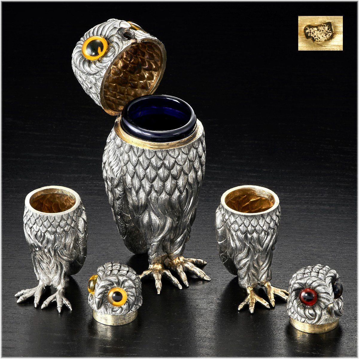 Rare French Sterling Silver Owl Form Condiment Set - Mustard Pot, Salt Cellar, Pepper Shaker-photo-2