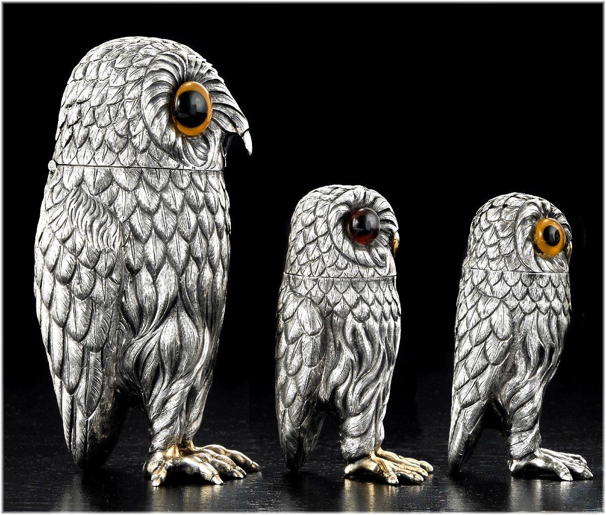 Rare French Sterling Silver Owl Form Condiment Set - Mustard Pot, Salt Cellar, Pepper Shaker-photo-3