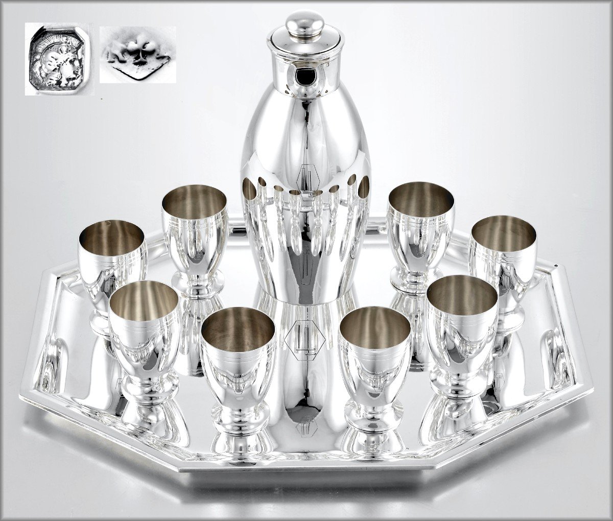 RAVINET D'ENFERT : Rare Service à Cocktail en Argent Massif Art Deco c.1930  - Shaker, Plateau, Verres-photo-6