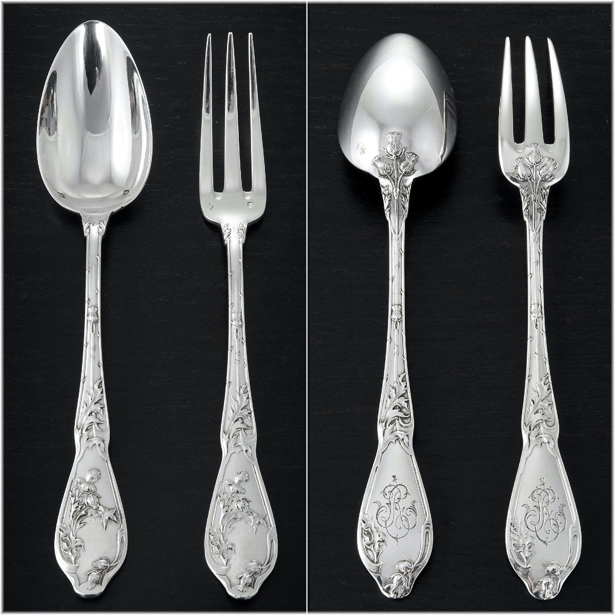 Boulenger : Art Nouveau Sterling Silver Flatware Set  -thistle Pattern-photo-2