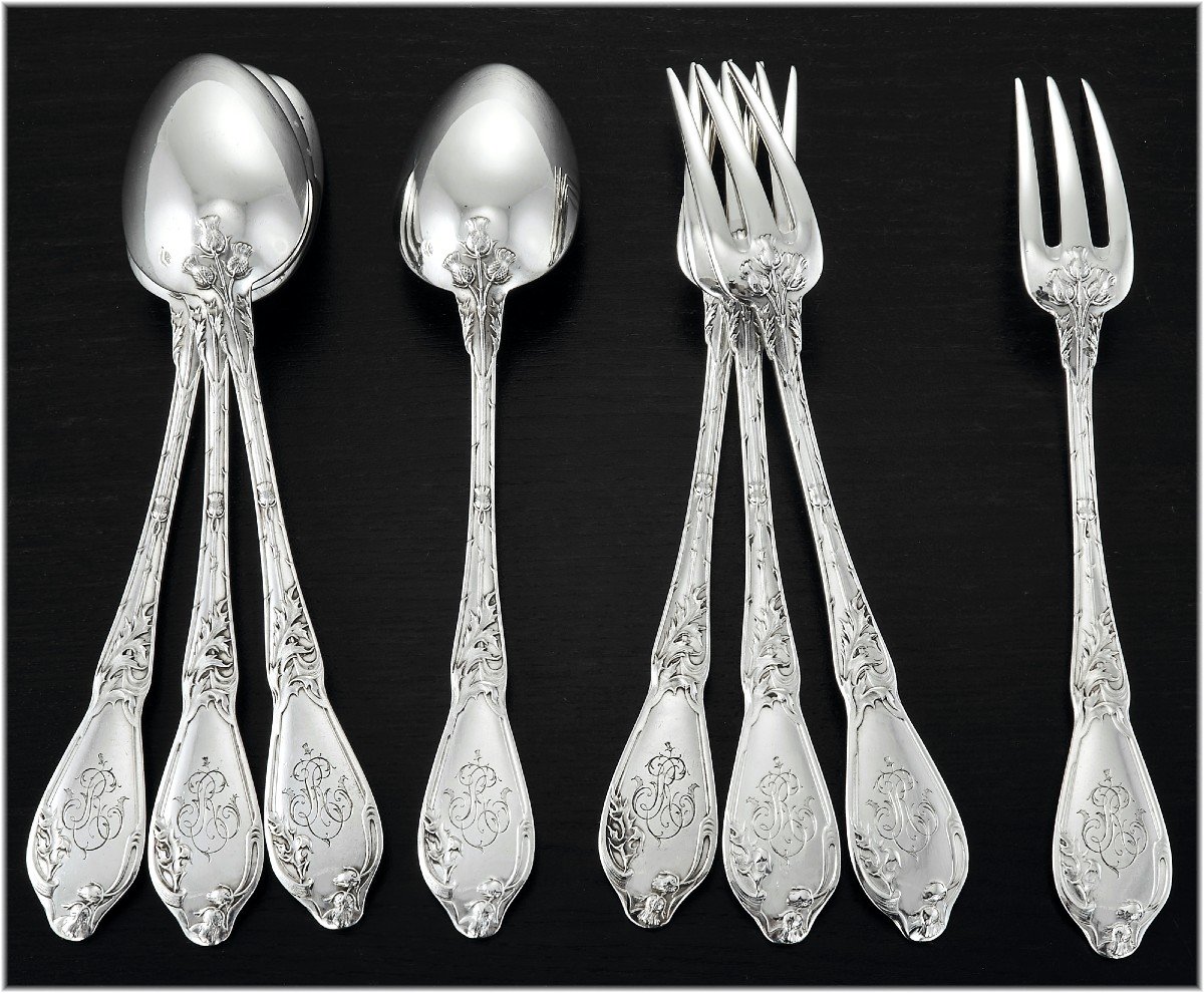 Boulenger : Art Nouveau Sterling Silver Flatware Set  -thistle Pattern-photo-4