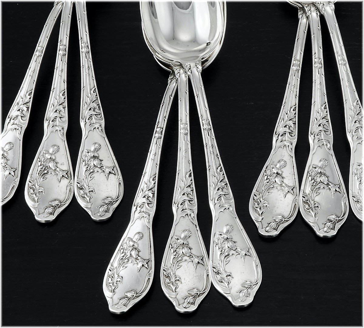 Boulenger : Art Nouveau Sterling Silver Flatware Set  -thistle Pattern-photo-1